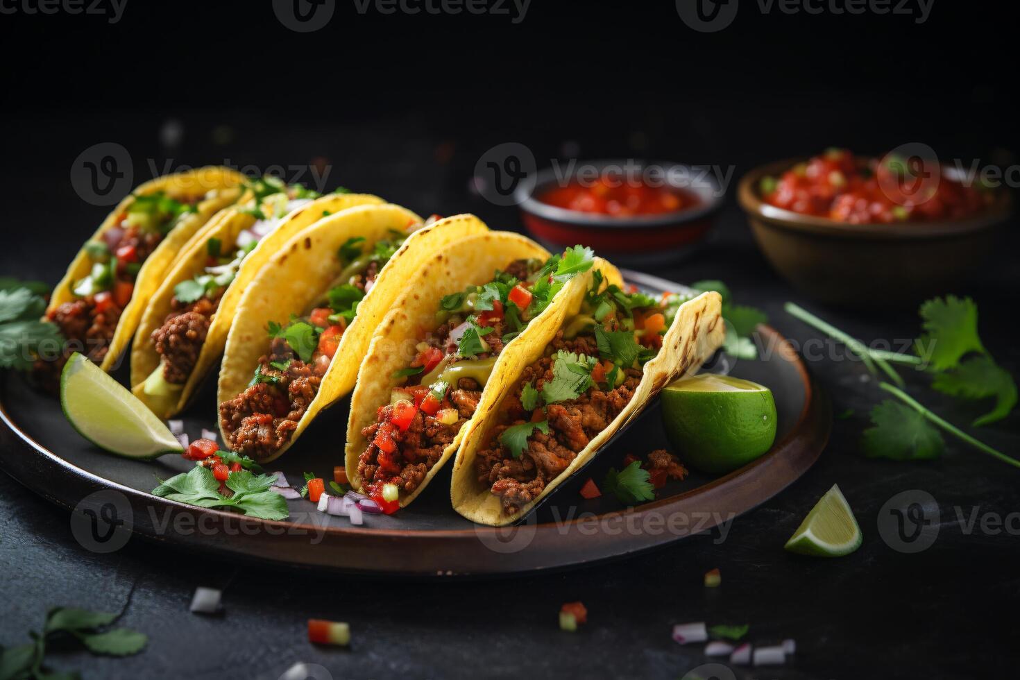 AI generated Mexican tacos with beef in tomato sauce and salsa Generative AI photo