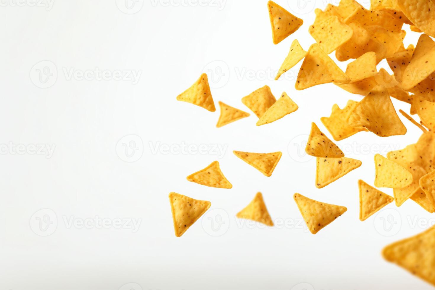 AI generated Corn chips of triangular shape levitate on a white background Generative AI photo