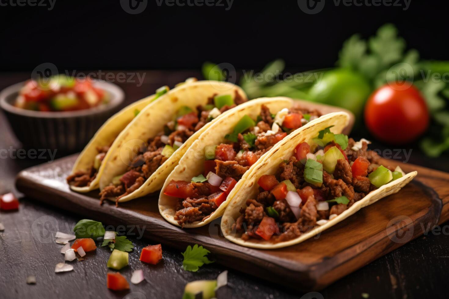 AI generated Mexican tacos with beef in tomato sauce and salsa Generative AI photo