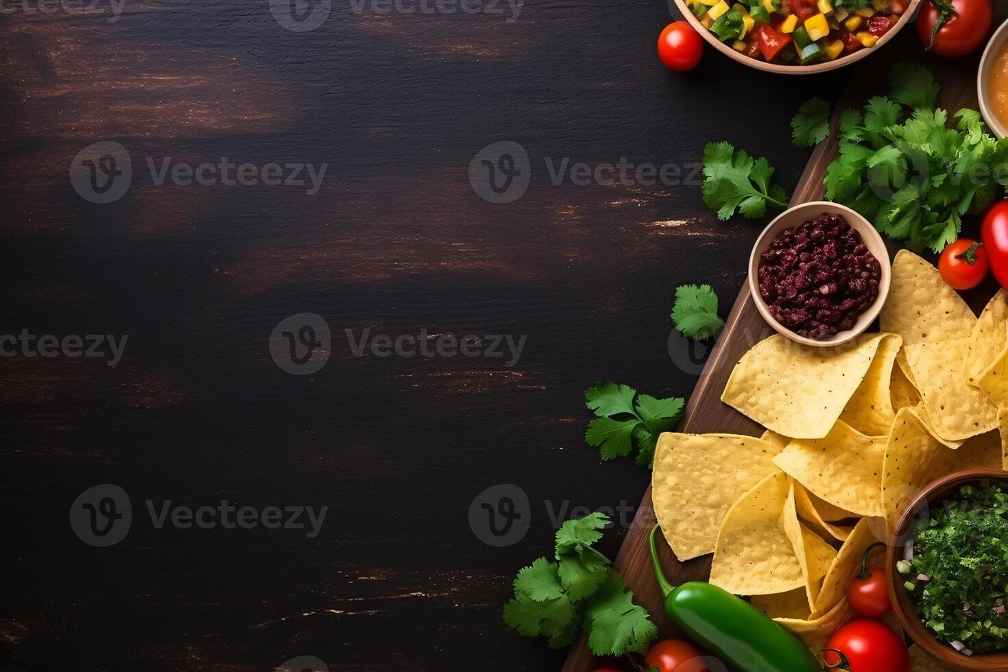 AI generated Top view fresh mexican food with nachos copy space generative AI photo