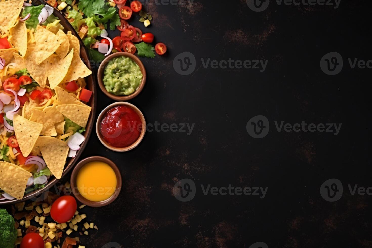 AI generated Top view fresh mexican food with nachos copy space generative AI photo