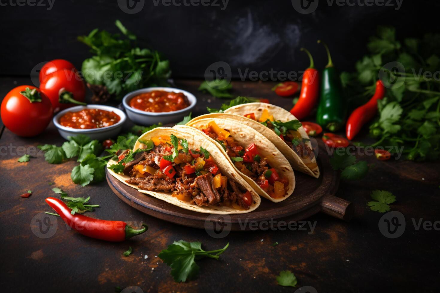 AI generated Mexican tacos with beef in tomato sauce and salsa Generative AI photo