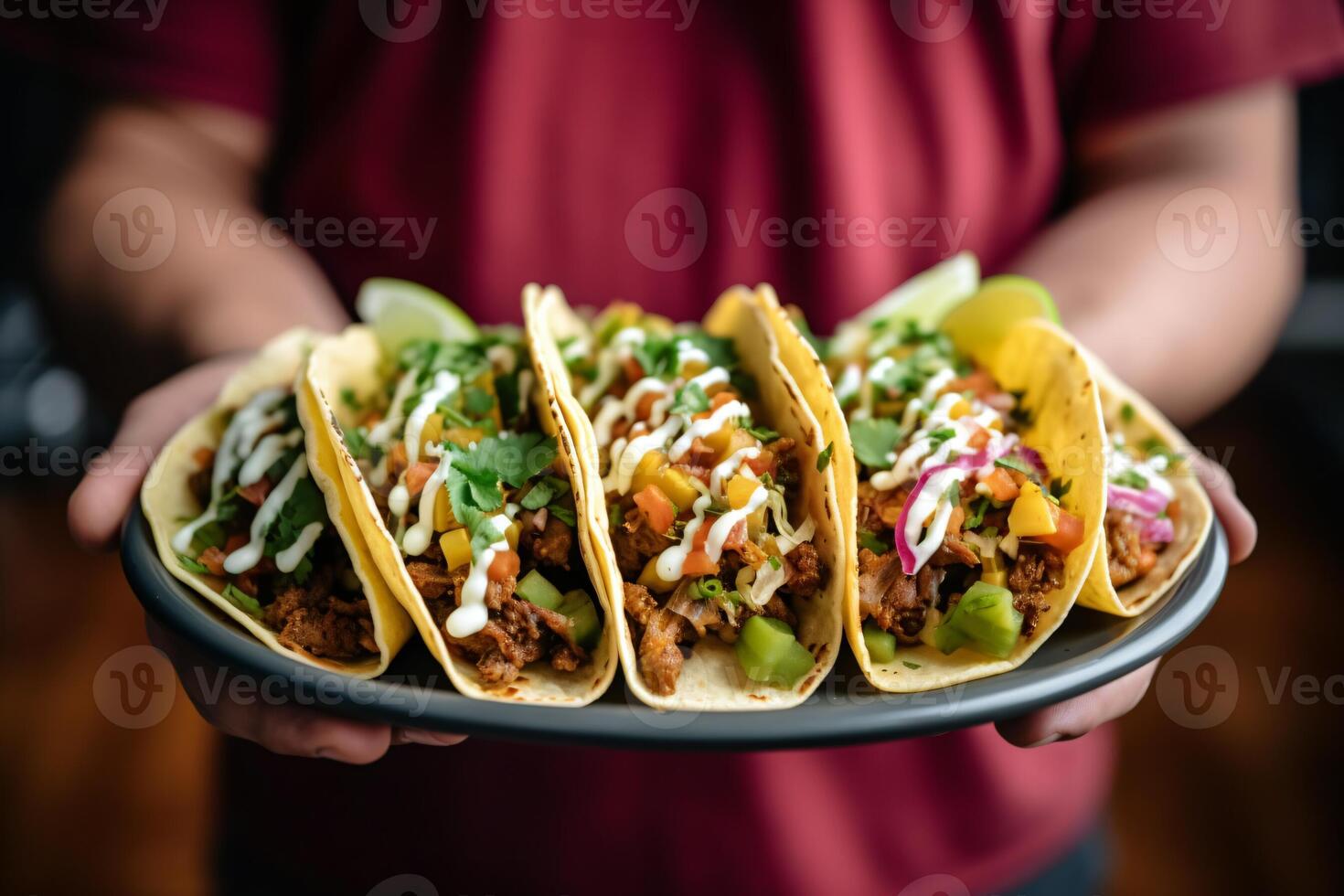 AI generated Close up person holding plate with taco Generative AI photo