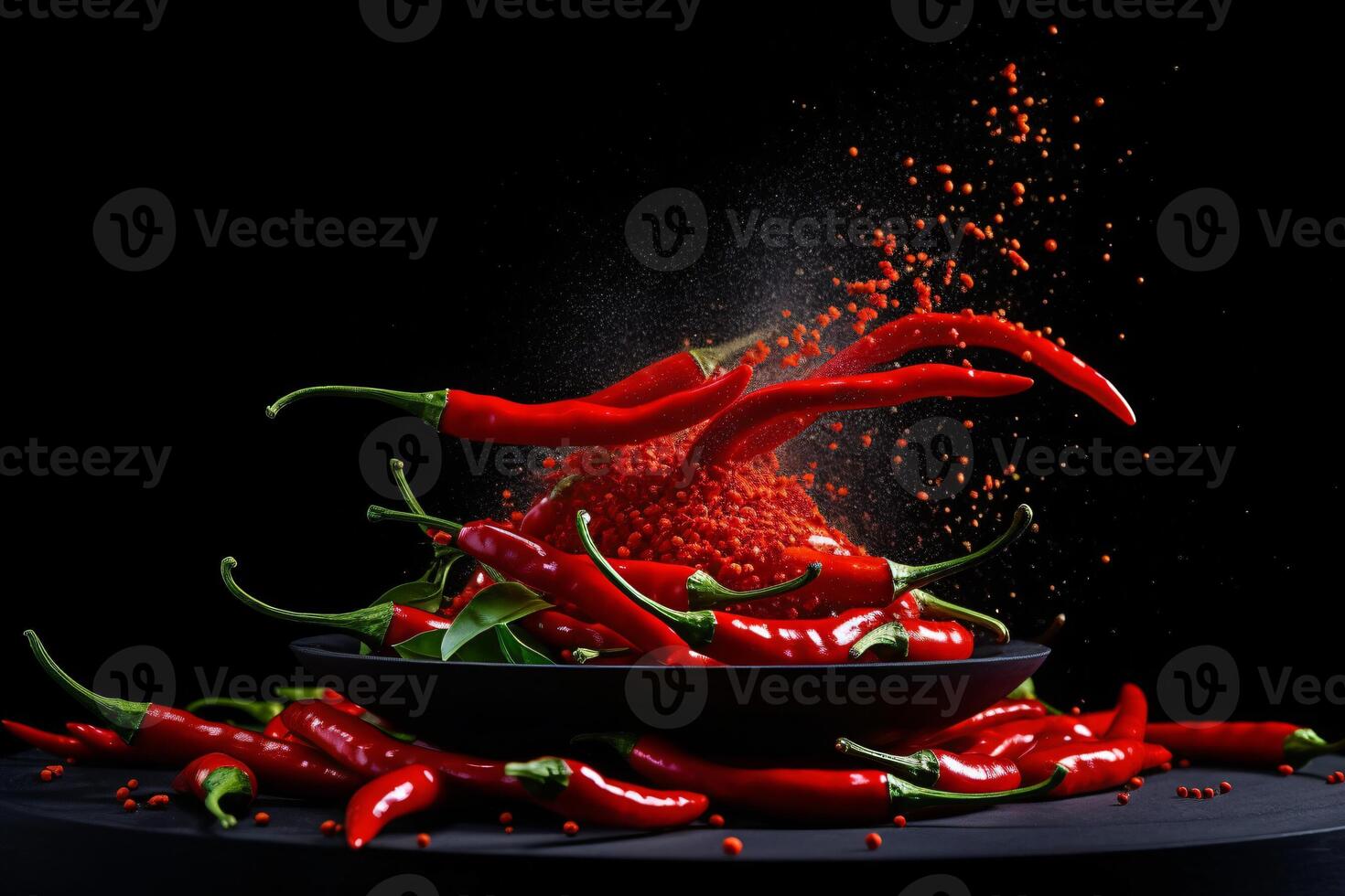 AI generated Levitation of red chili pepper whole and slices Generative AI photo