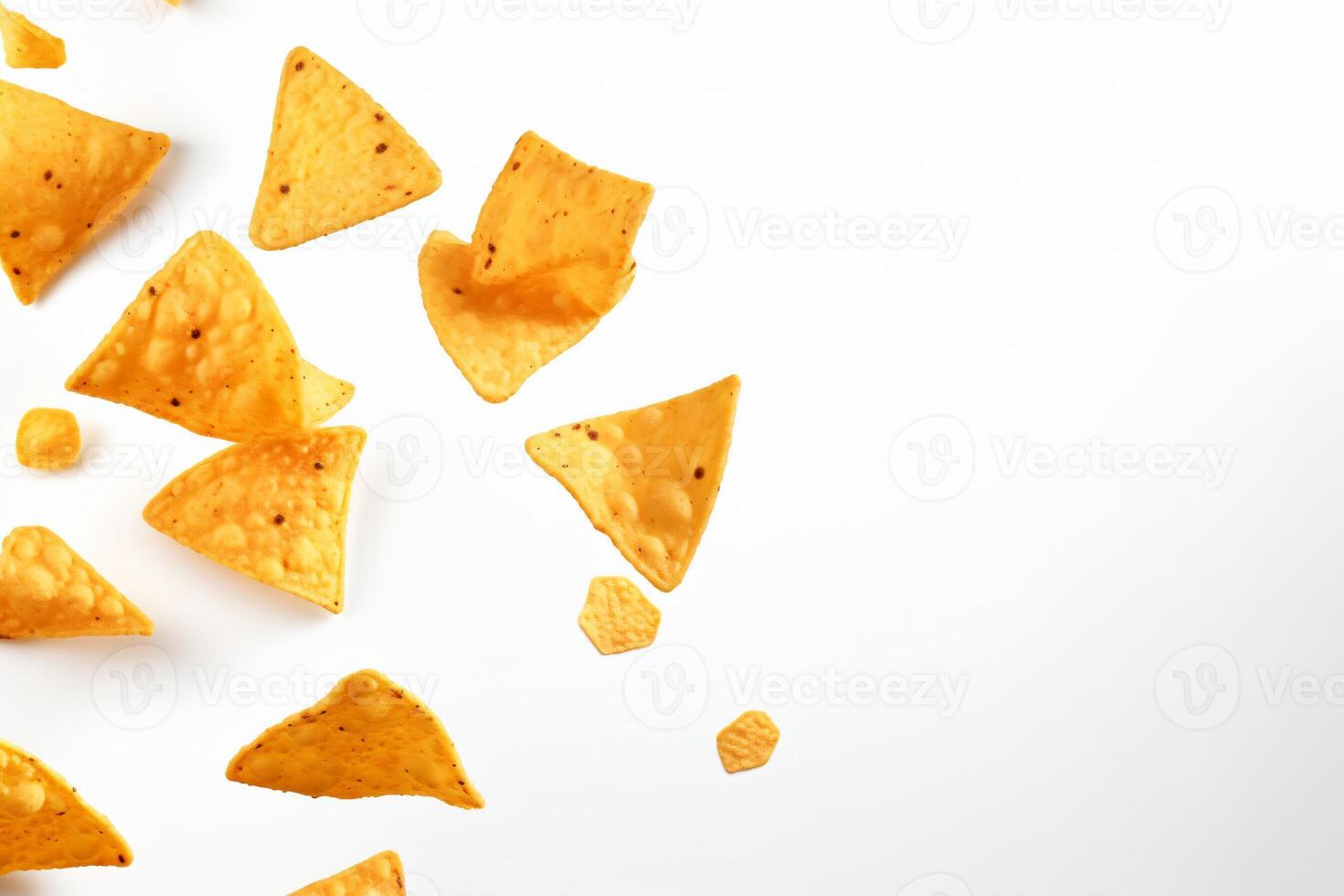 AI generated Corn chips of triangular shape levitate on a white background Generative AI photo