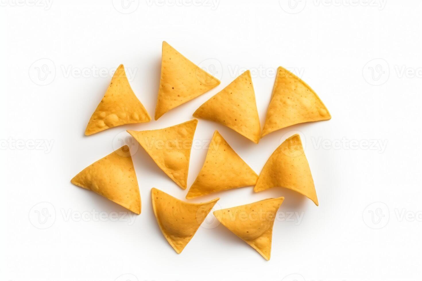 AI generated Corn chips of triangular shape levitate on a white background Generative AI photo