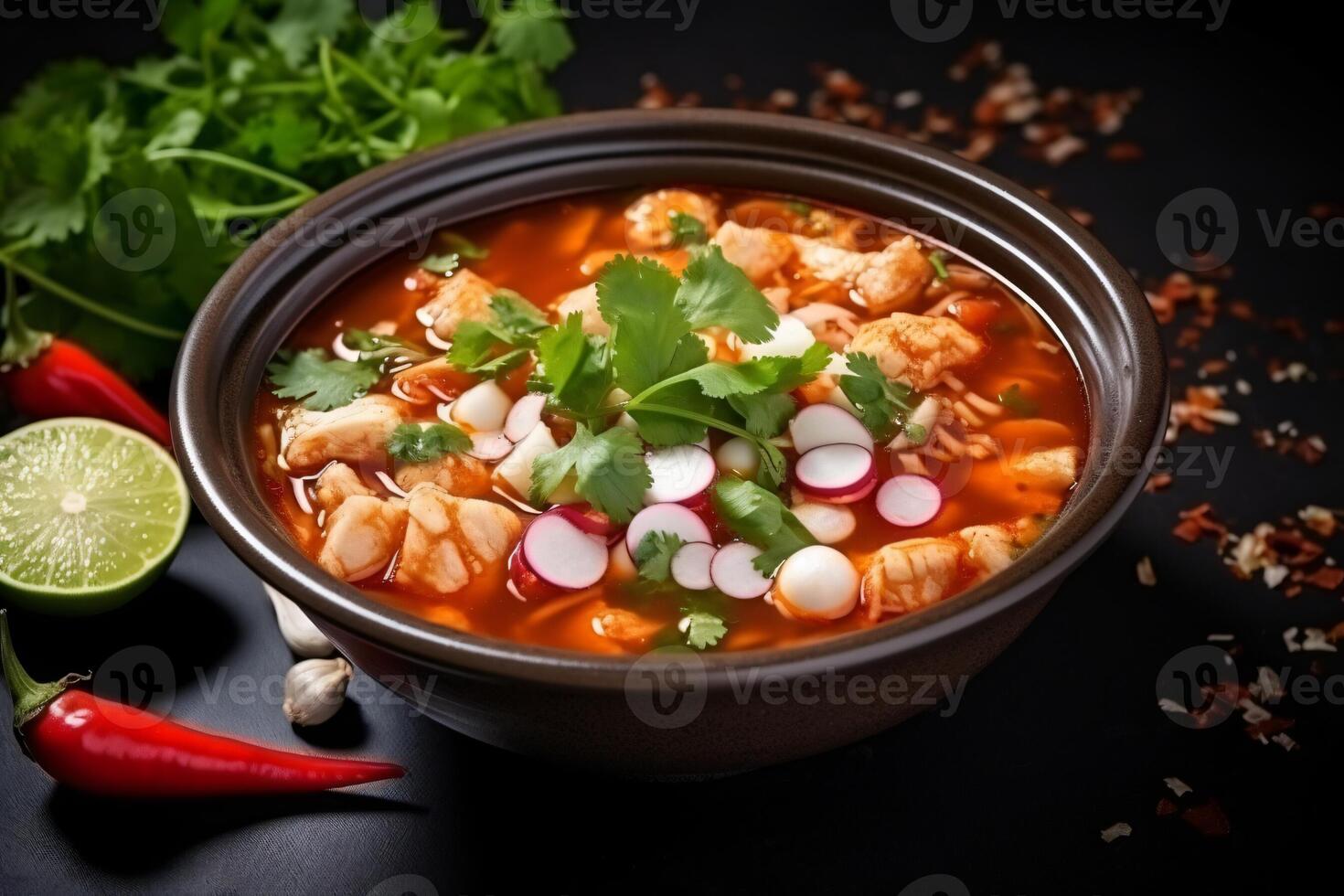 AI generated Top view on appetizing pozole bowl Generative AI photo