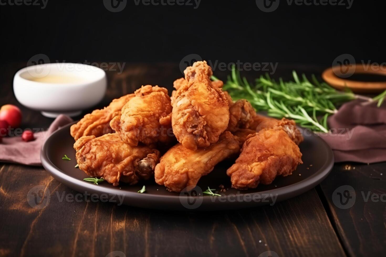 AI generated Delicious fried chicken on plate copy space concept Generative AI photo