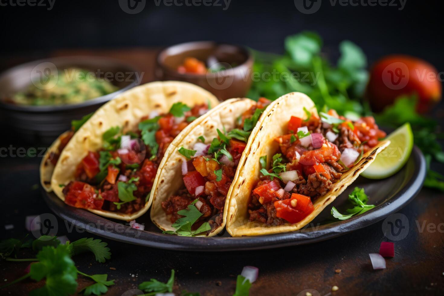 AI generated Mexican tacos with beef in tomato sauce and salsa Generative AI photo