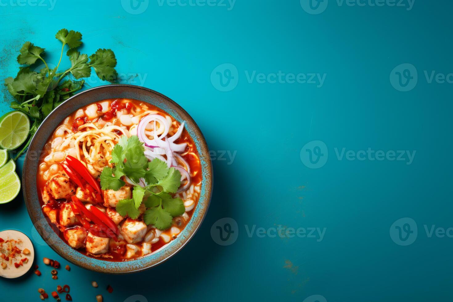 AI generated Top view on appetizing pozole bowl Generative AI photo