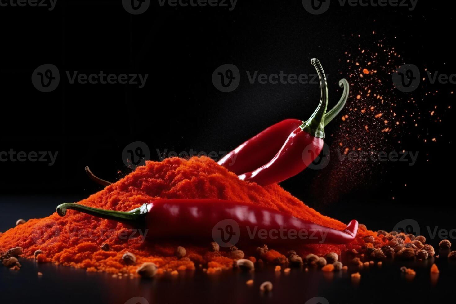 AI generated Levitation of red chili pepper whole and slices Generative AI photo