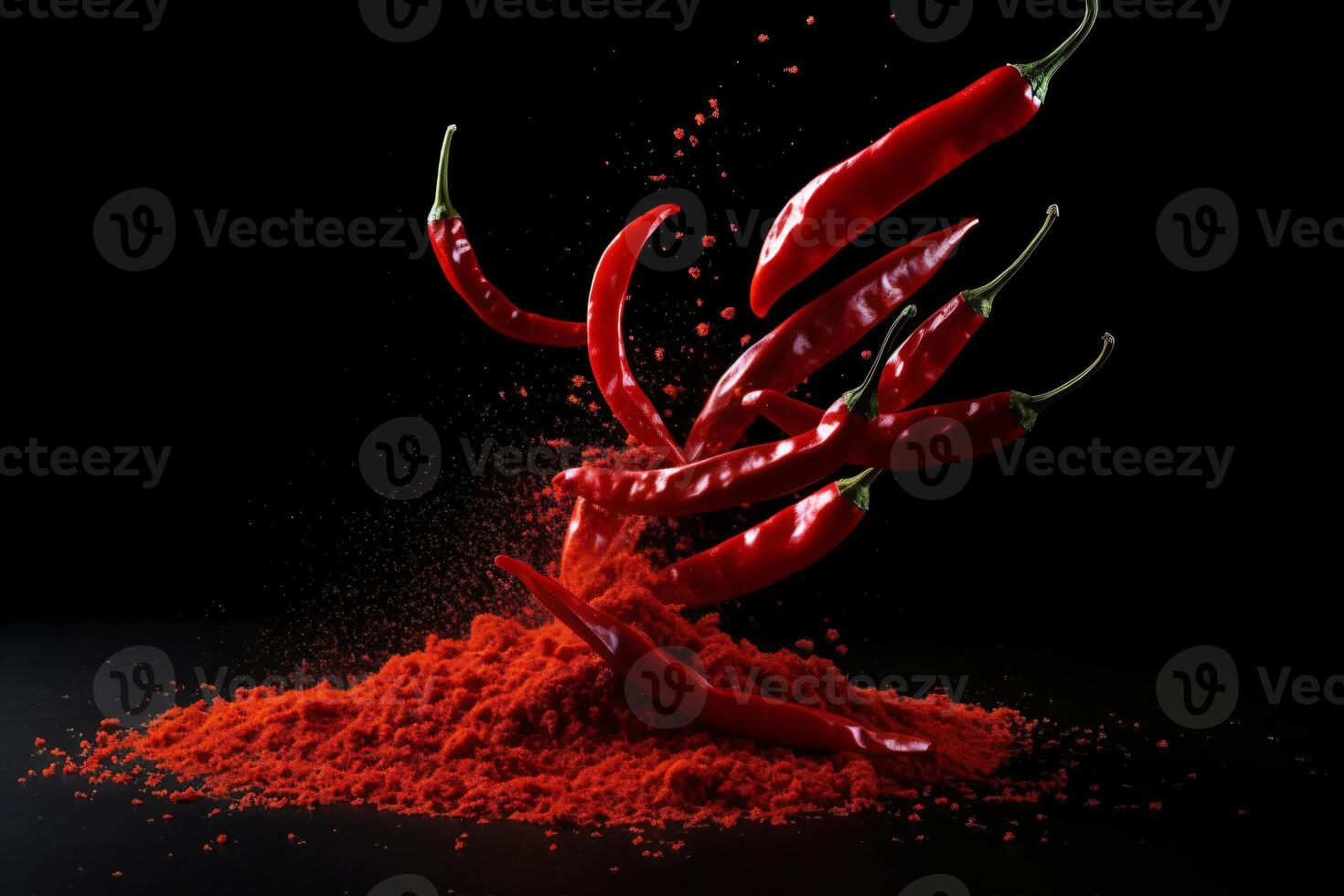 AI generated Levitation of red chili pepper whole and slices Generative AI photo