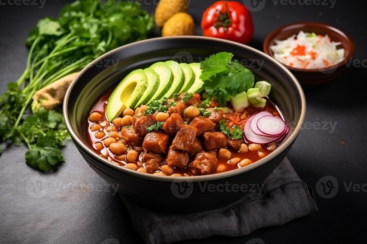 AI generated Top view on appetizing pozole bowl Generative AI photo
