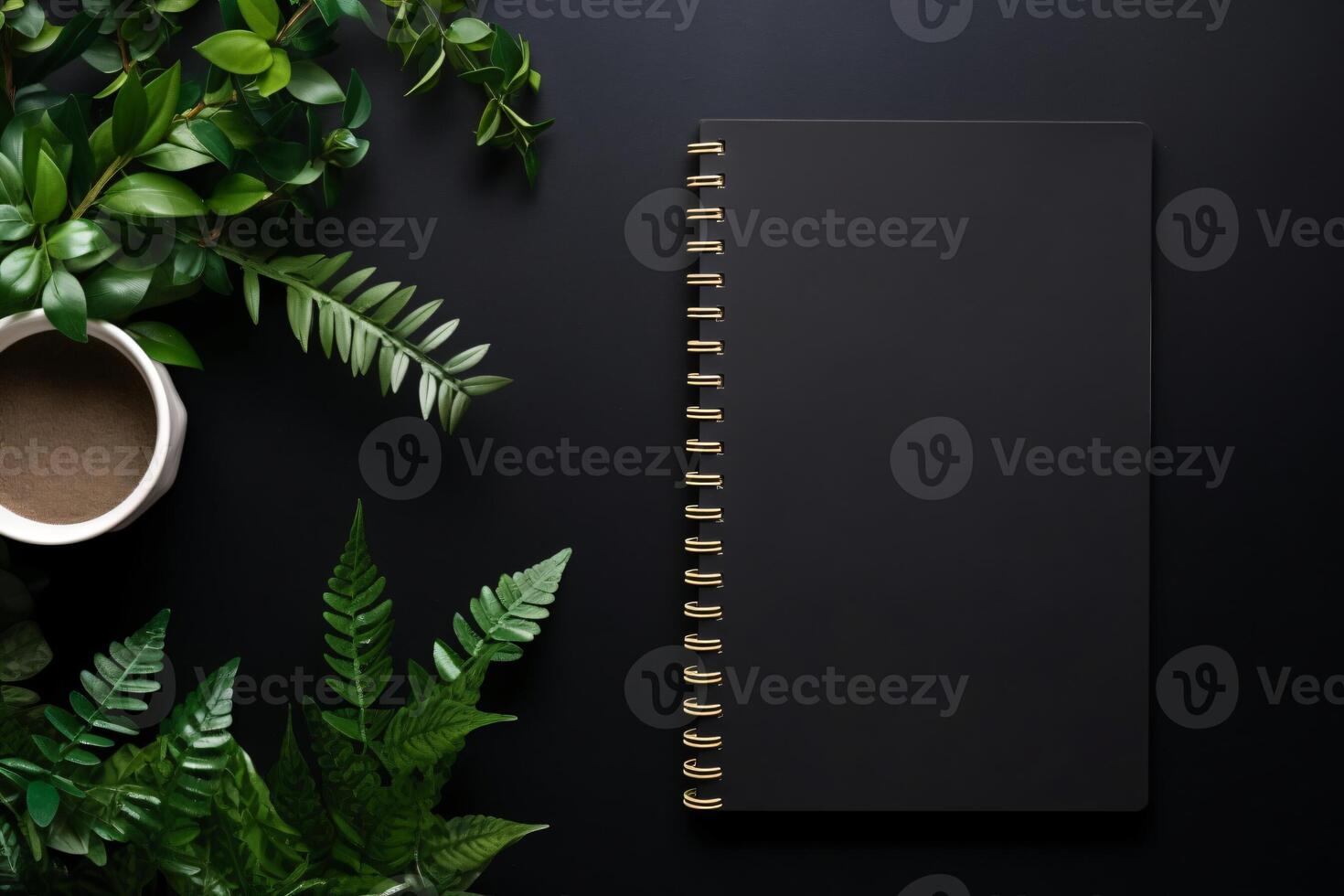 AI generated Minimalistic black background with laptop notepad generative AI photo