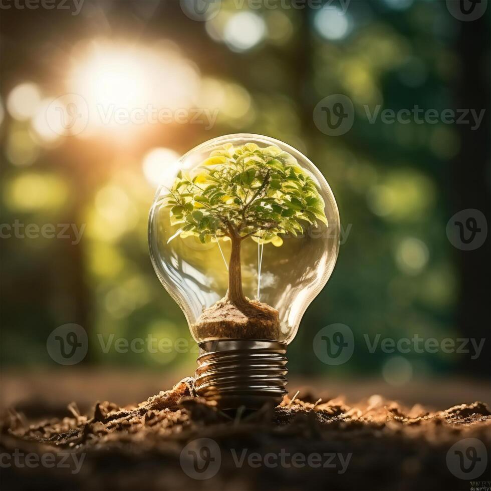 AI generated Photo tree growing on light bulb with sunshine generative AI