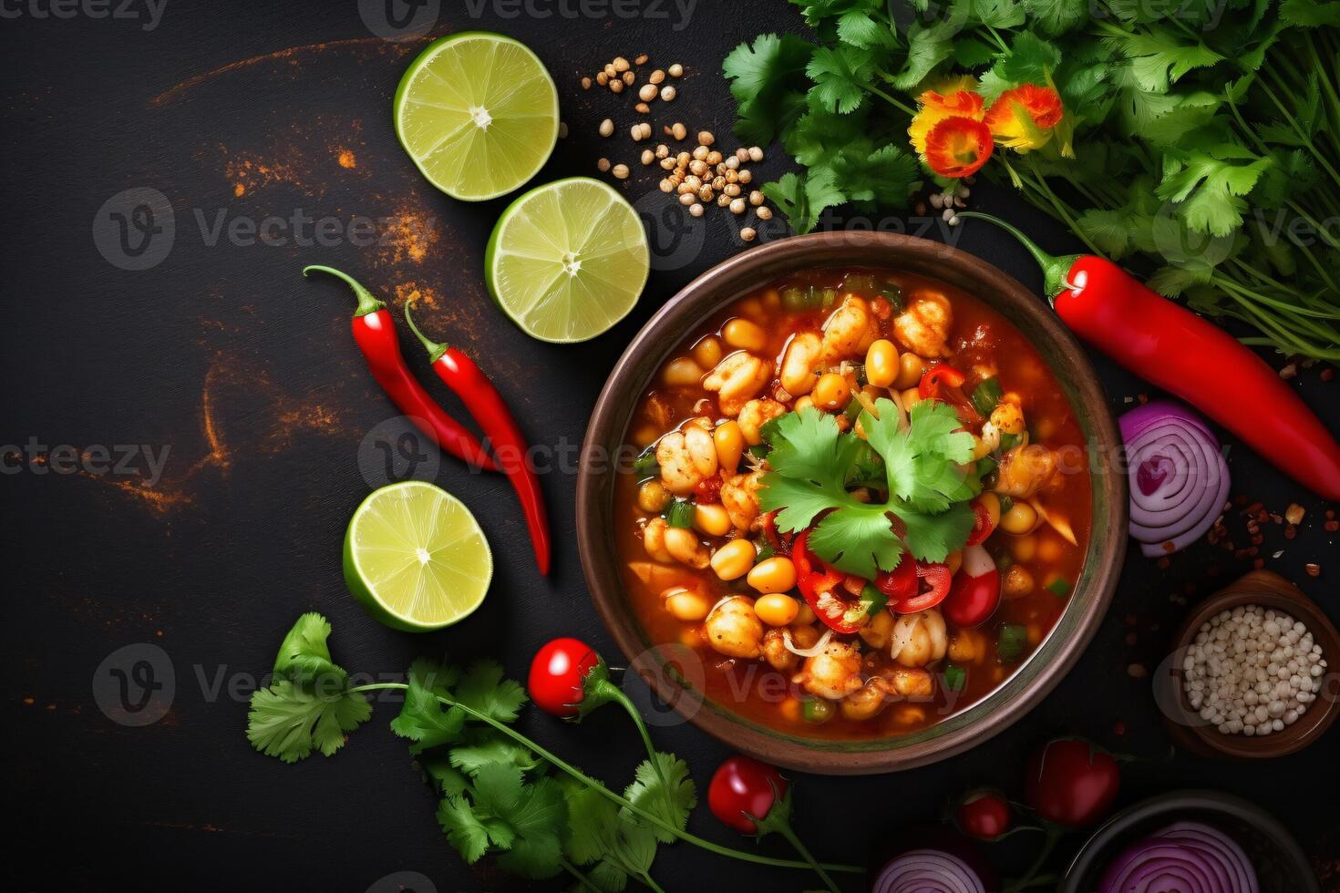 AI generated Top view on appetizing pozole bowl Generative AI photo