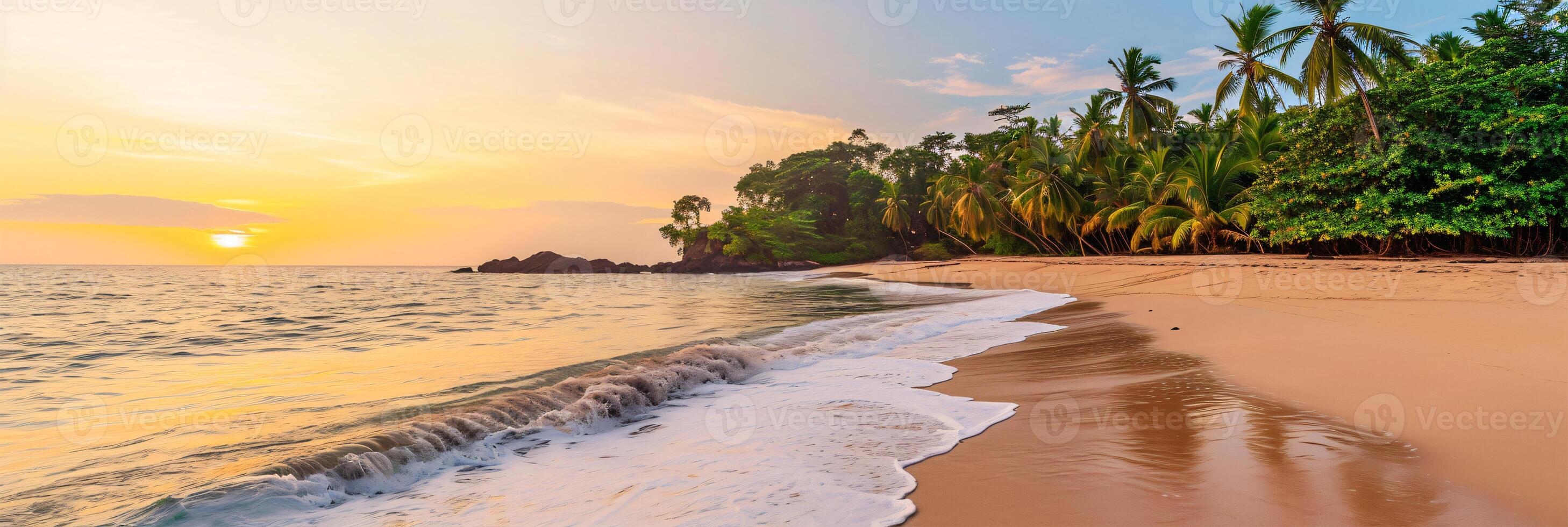 AI generated Sunny exotic beach by the ocean with palm trees at sunset summer vacation Generate AI photo
