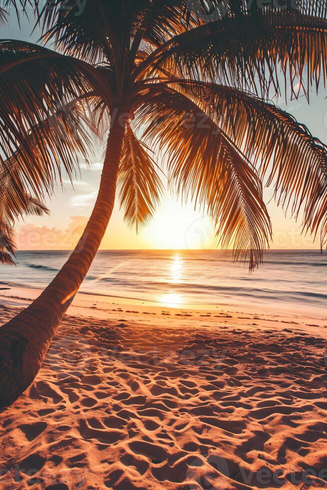 AI generated Sunny exotic beach by the ocean with palm trees at sunset summer vacation Generate AI photo