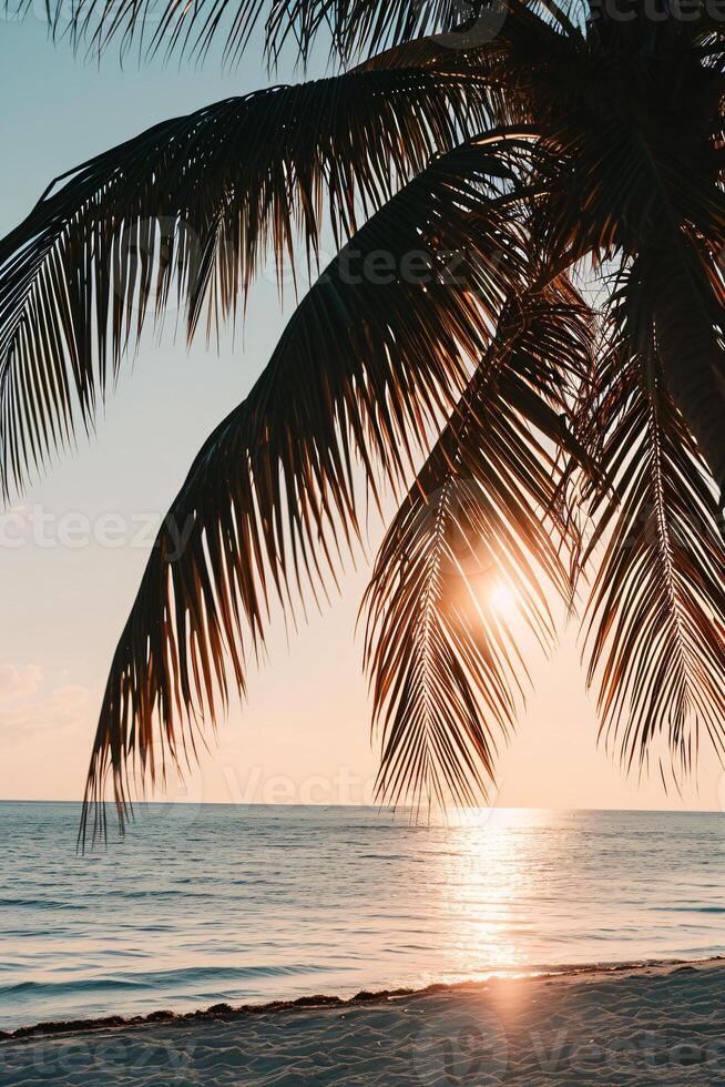 AI generated Sunny exotic beach by the ocean with palm trees at sunset summer vacation Generate AI photo