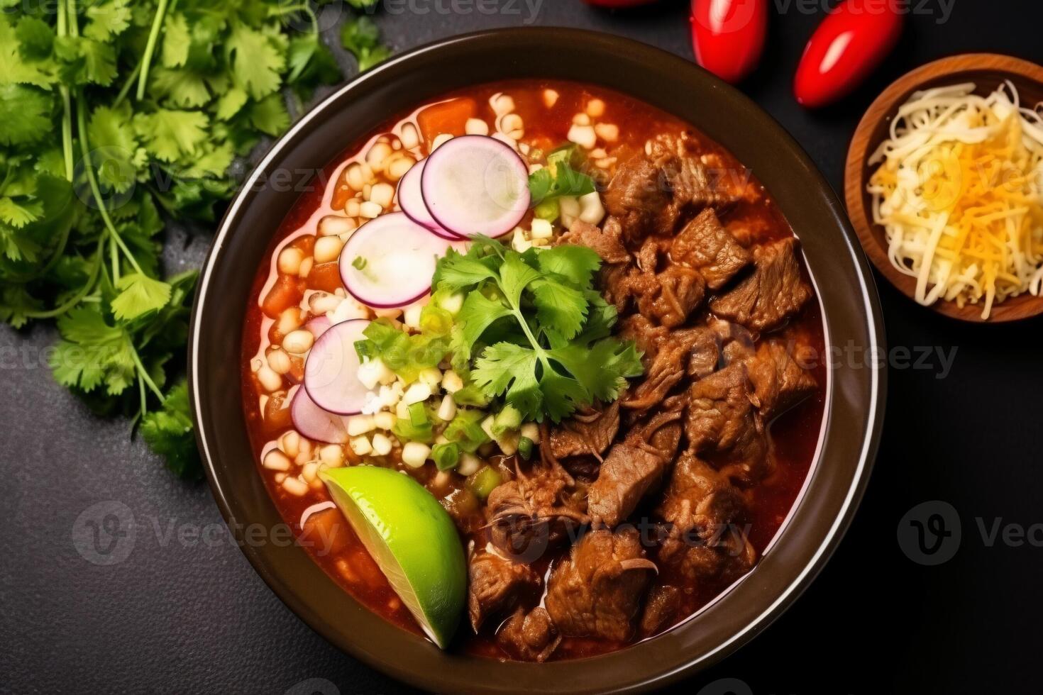 AI generated Top view on appetizing pozole bowl generative AI photo