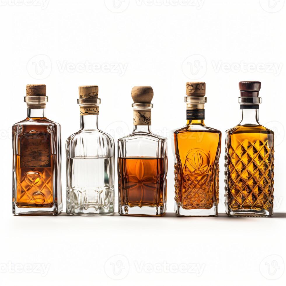 AI generated liquor bottles of different shapes isolated white background generative AI photo