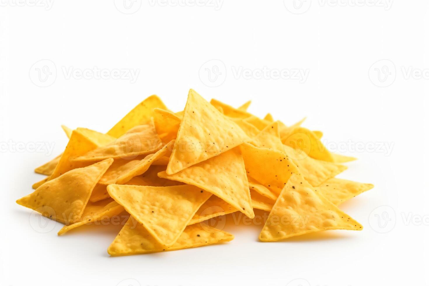 AI generated Corn chips of triangular shape levitate on a white background Generative AI photo