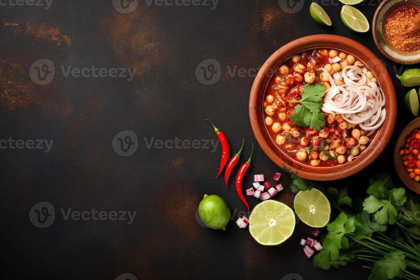 AI generated Top view on appetizing pozole bowl Generative AI photo