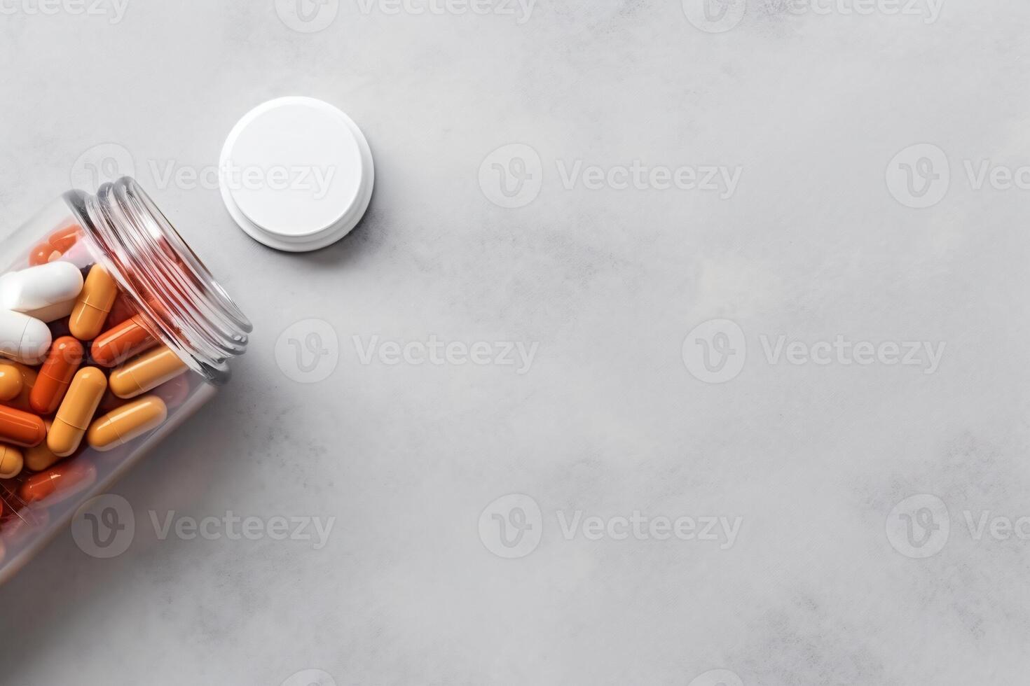 AI generated A small white jar of brown pills on gray surface Generative AI photo