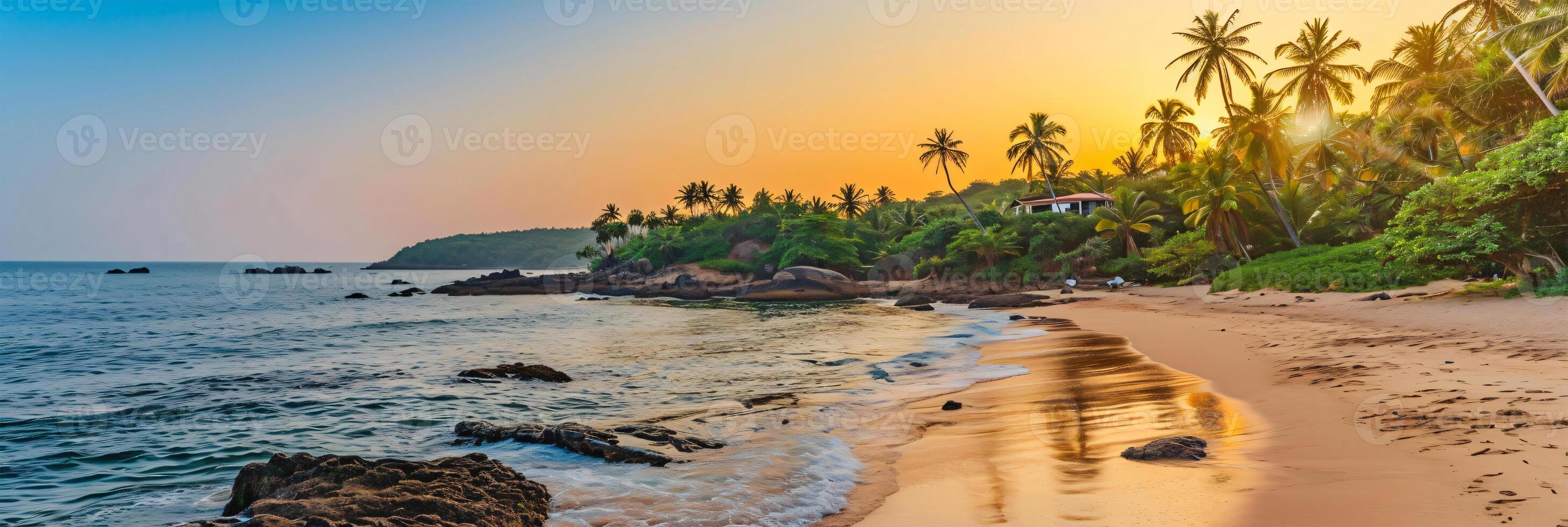 AI generated Sunny exotic beach by the ocean with palm trees at sunset summer vacation Generate AI photo
