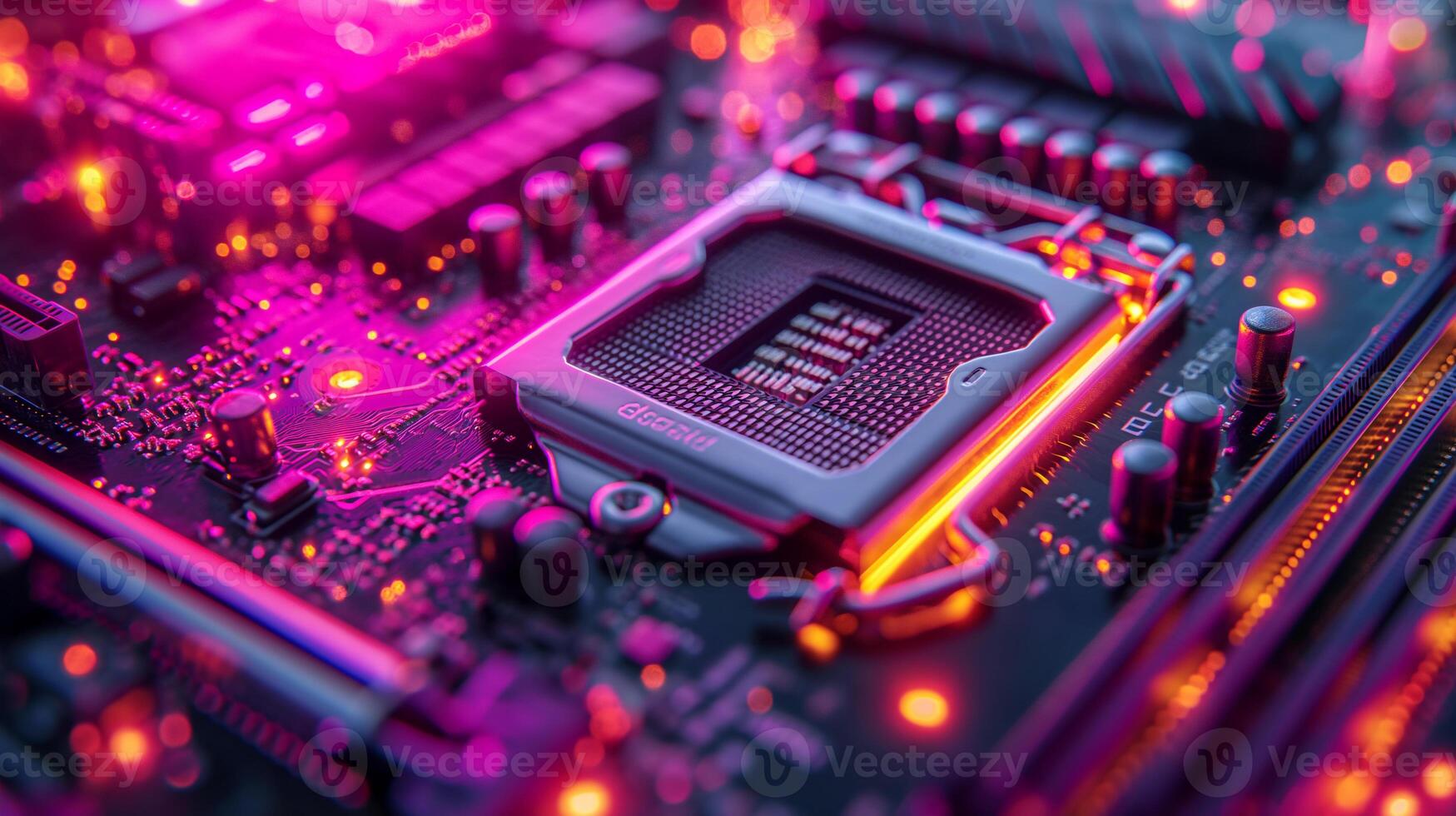 AI generated High-resolution, macro shot of a computer chip, emphasizing intricate circuit details photo