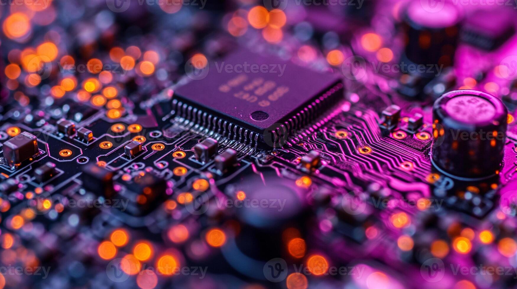 AI generated High-resolution, macro shot of a computer chip, emphasizing intricate circuit details photo