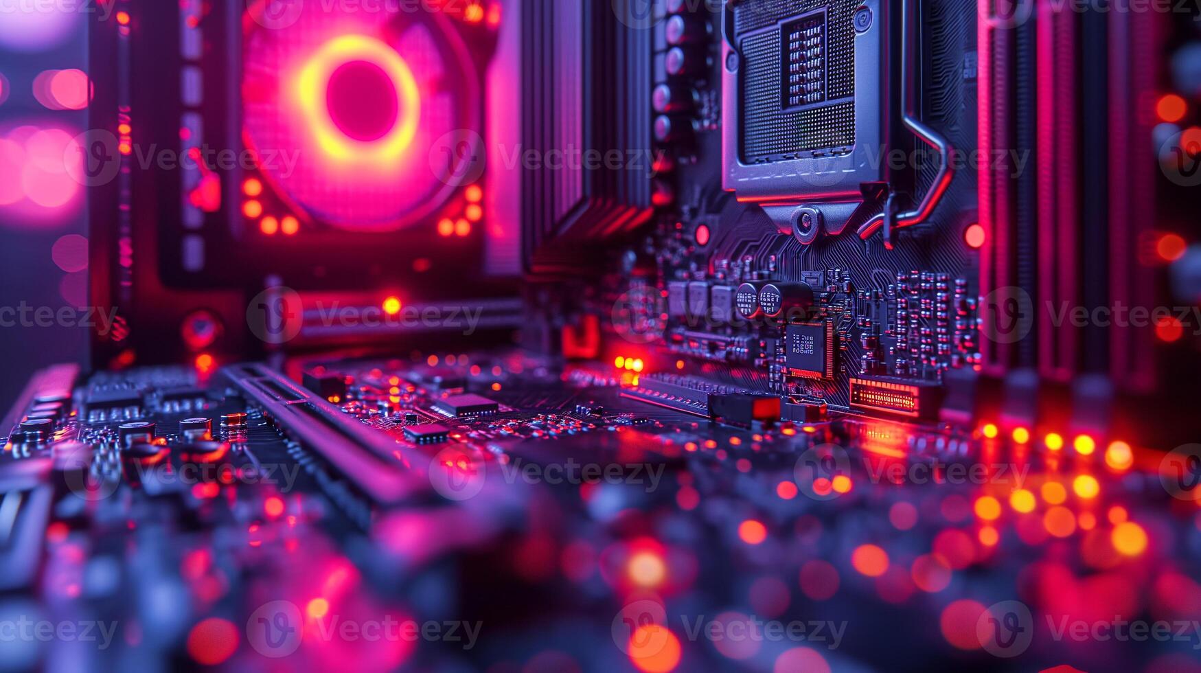 AI generated High-resolution, macro shot of a computer chip, emphasizing intricate circuit details photo