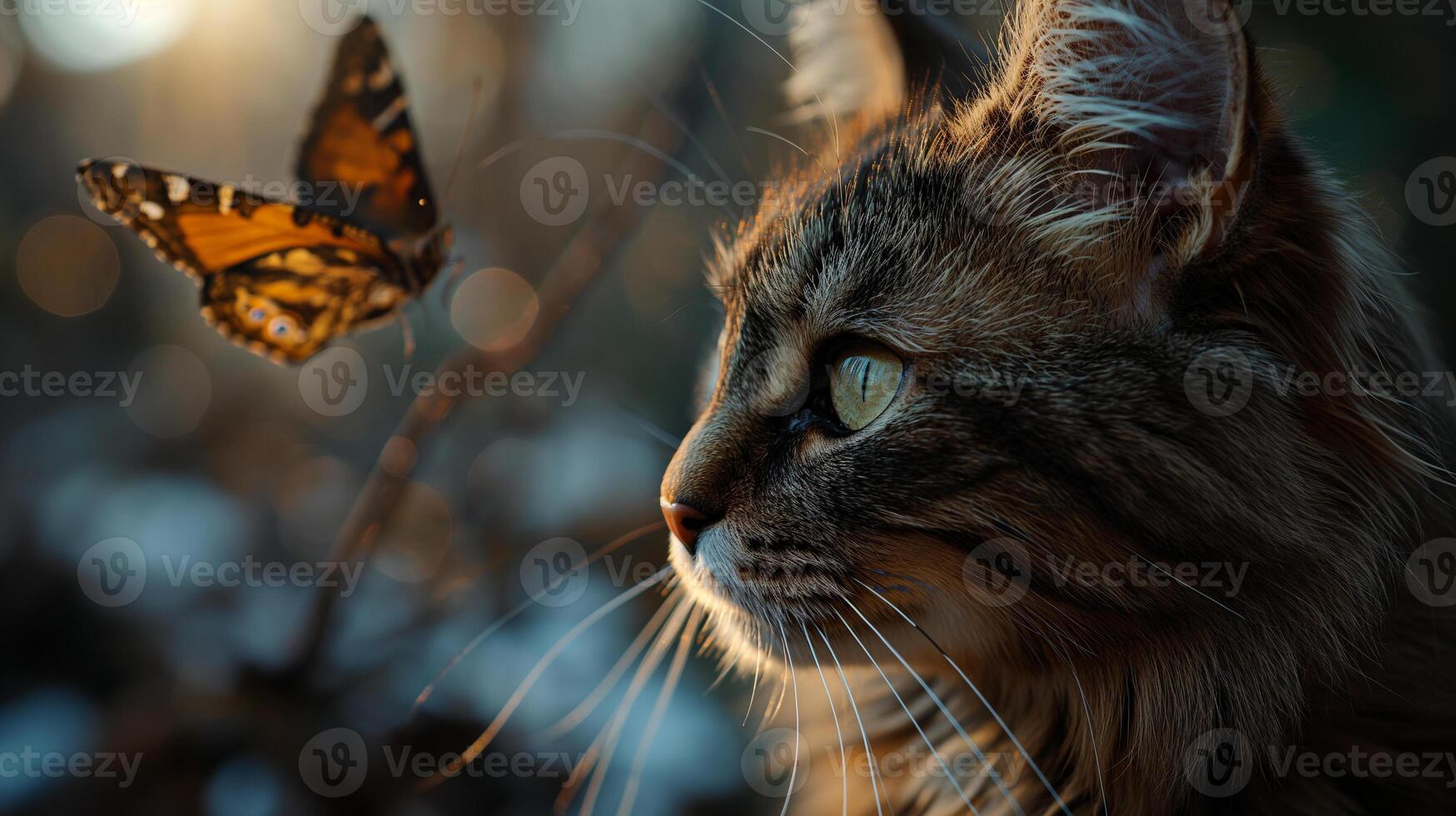 AI generated A portrait of an adorable fluffy kitten, butterfly resting on its nose, emerald eyes focused photo