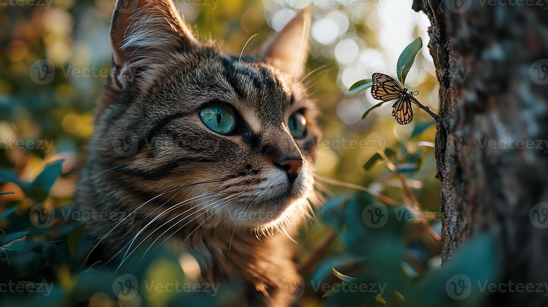 AI generated A portrait of an adorable fluffy kitten, butterfly resting on its nose, emerald eyes focused photo