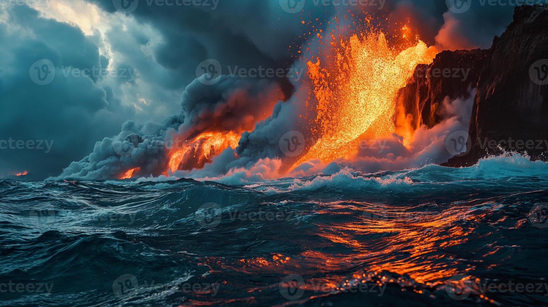 AI generated Apocalyptic vision of a volcano erupting photo