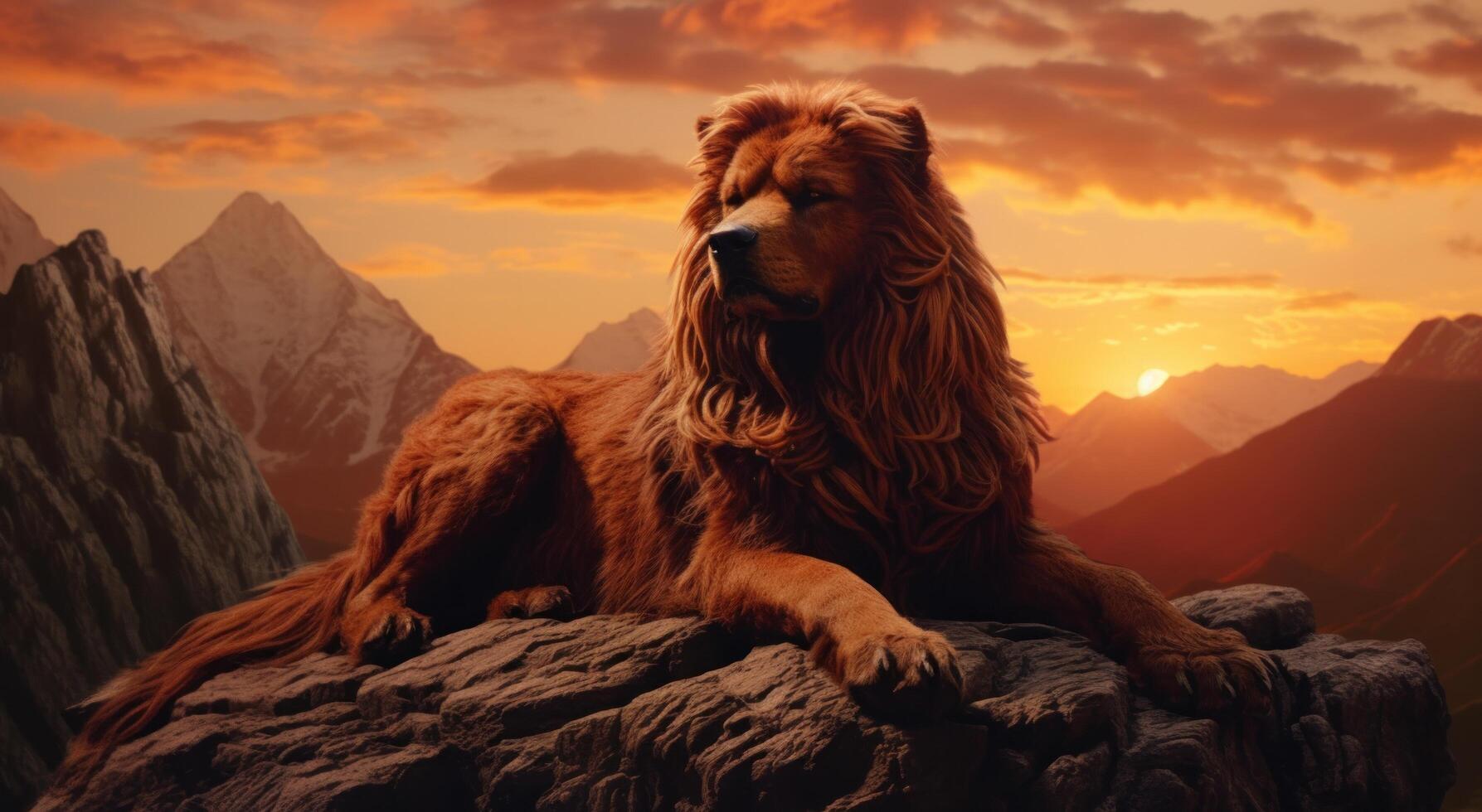 AI generated a dog is sitting on a rocks while laying on a mountain photo