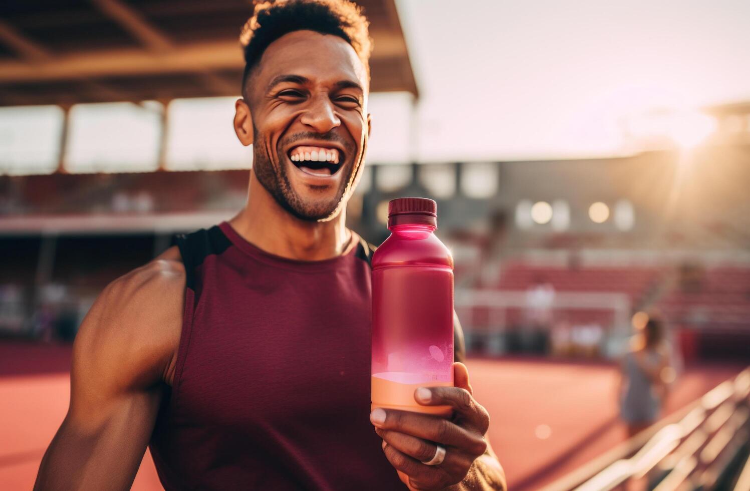 ai generado un hombre en un corriendo pista participación un botella de agua foto