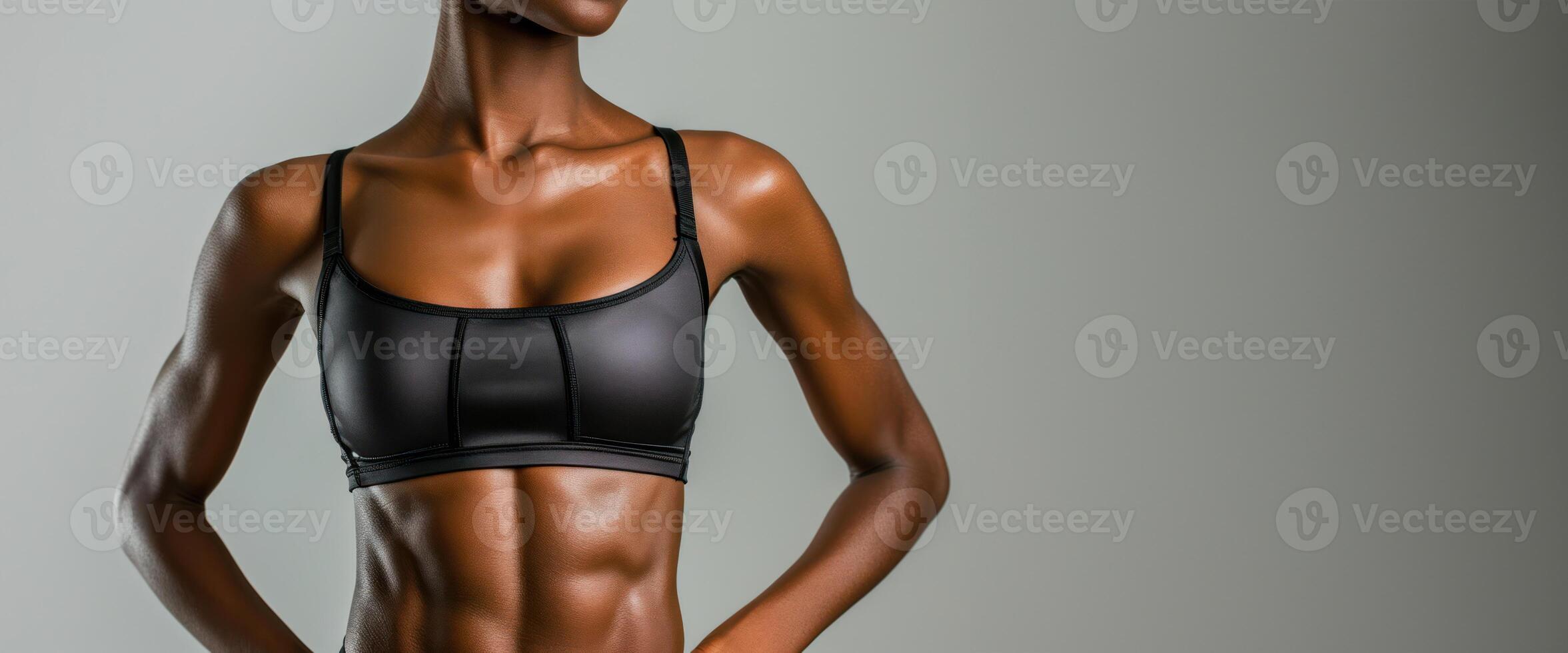 AI generated Generative AI, Sporty woman with great abdominal muscles shows stomach in sportswear on neutral background photo