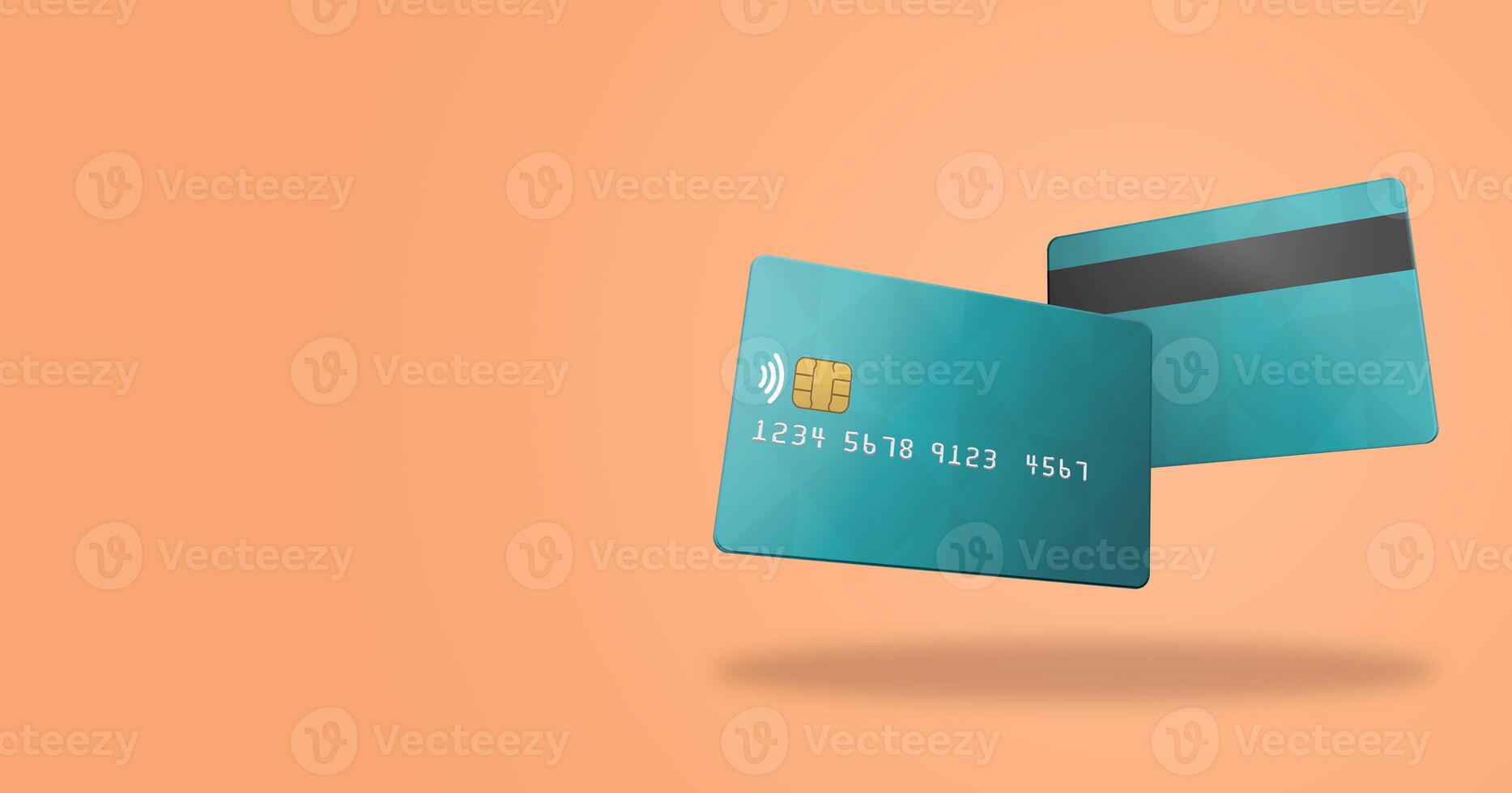 encabezamiento de frente y espalda crédito tarjeta en verde color terminado melocotón pelusa antecedentes y vacío espacio para texto. negocio aplicación compras en línea. seguro compra. digital pagos en línea bancario. 3d prestar. foto