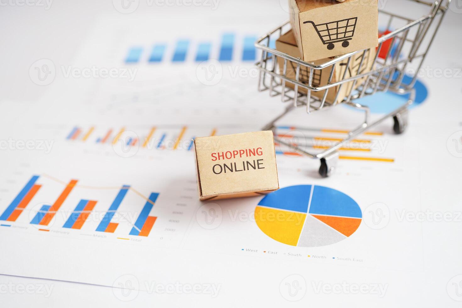 Online shopping, Shopping cart box on business graph, import export, finance commerce. photo
