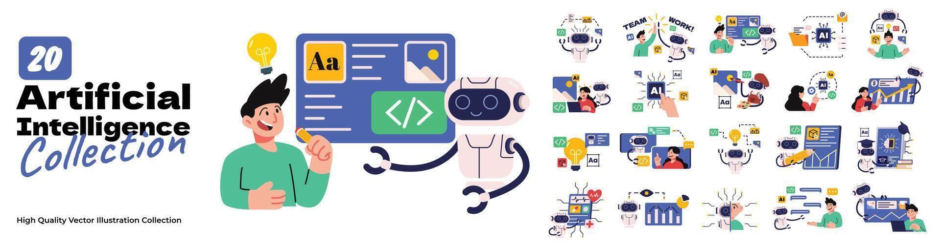 Artificial intelligence vector illustration set bundle. AI technology help people in communication, data analyst, medical analyst, finance, education, business and art.