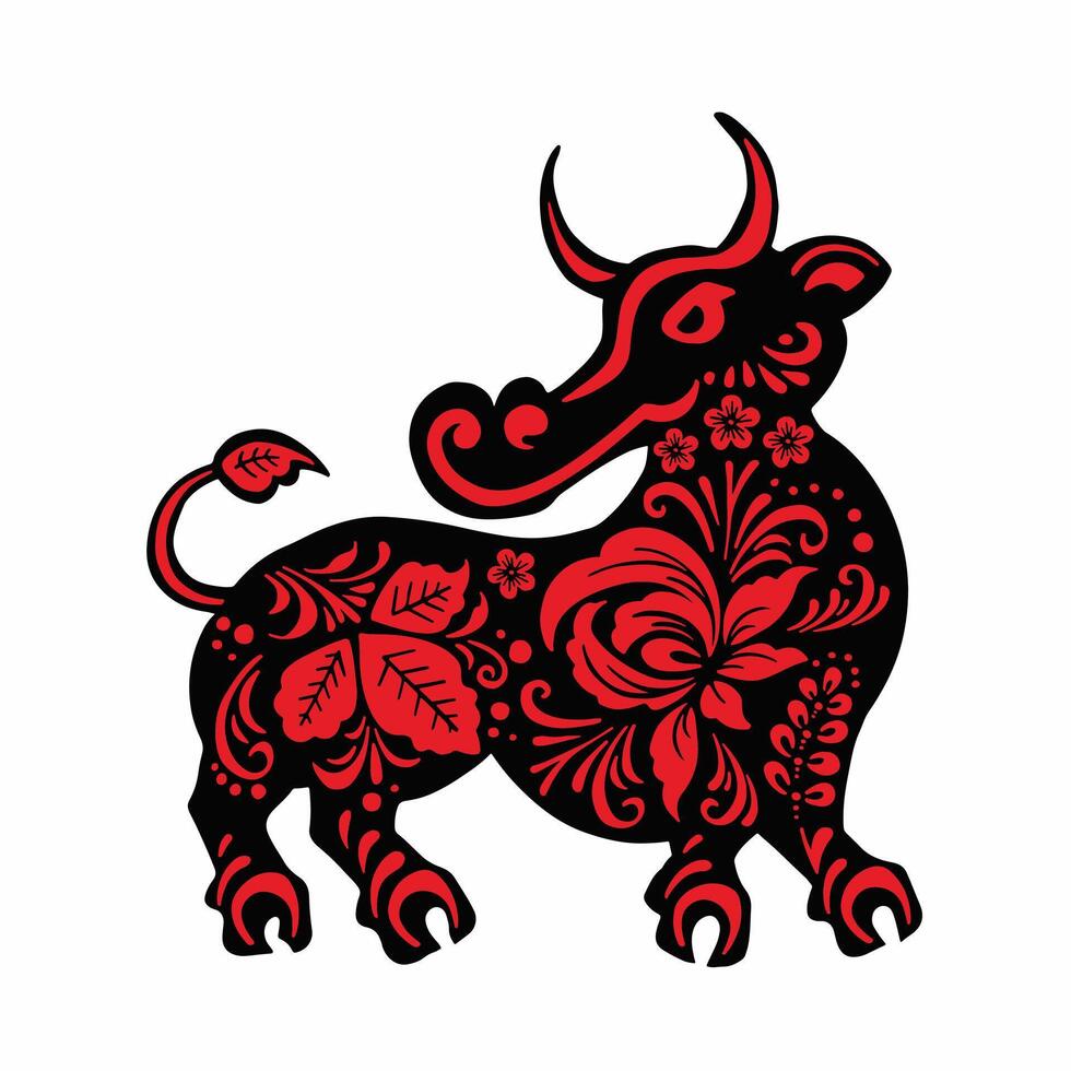 Ox, Taurus with drawn red ethnic flowers, vector illustration eps 10