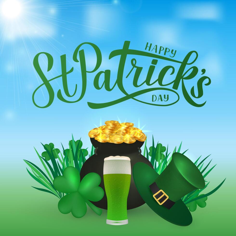 Happy St. Patricks day calligraphy hand lettering, Leprechaun hat, pot of golden coins, clover, and green beer. Saint Patricks day greeting card, party invitation, poster, etc. Vector illustration.