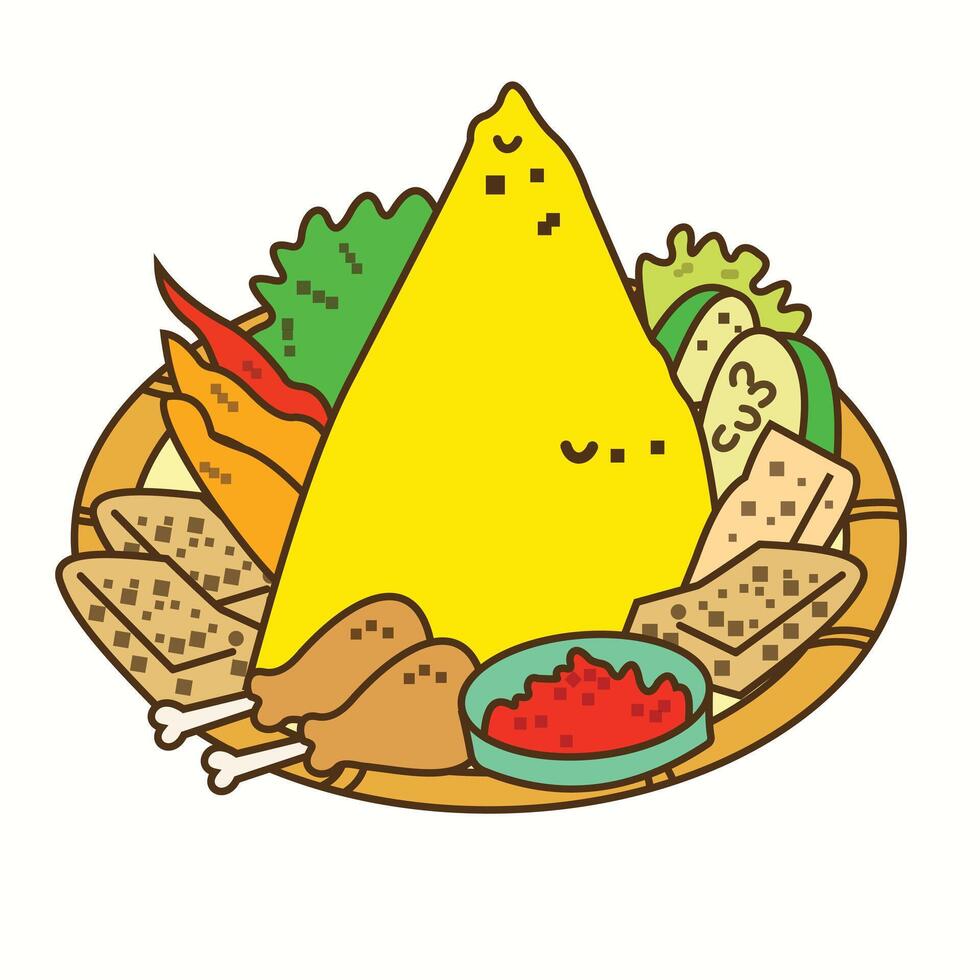 vector illustration of yellow rice forming a mountain with several toppings such as lime, tempeh, chicken thighs, red chilies, carrots and mustard greens, in an oval container made of woven bamboo.