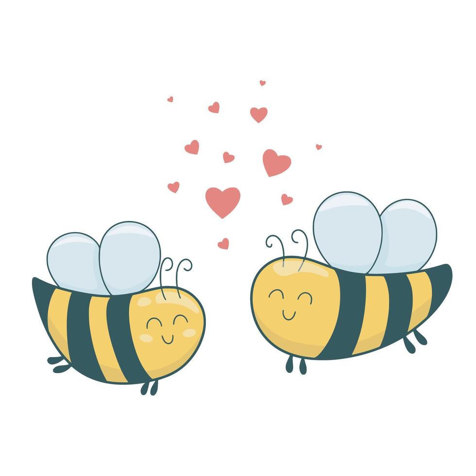 Pareja de amoroso abejas con corazones aislado ilustración vector