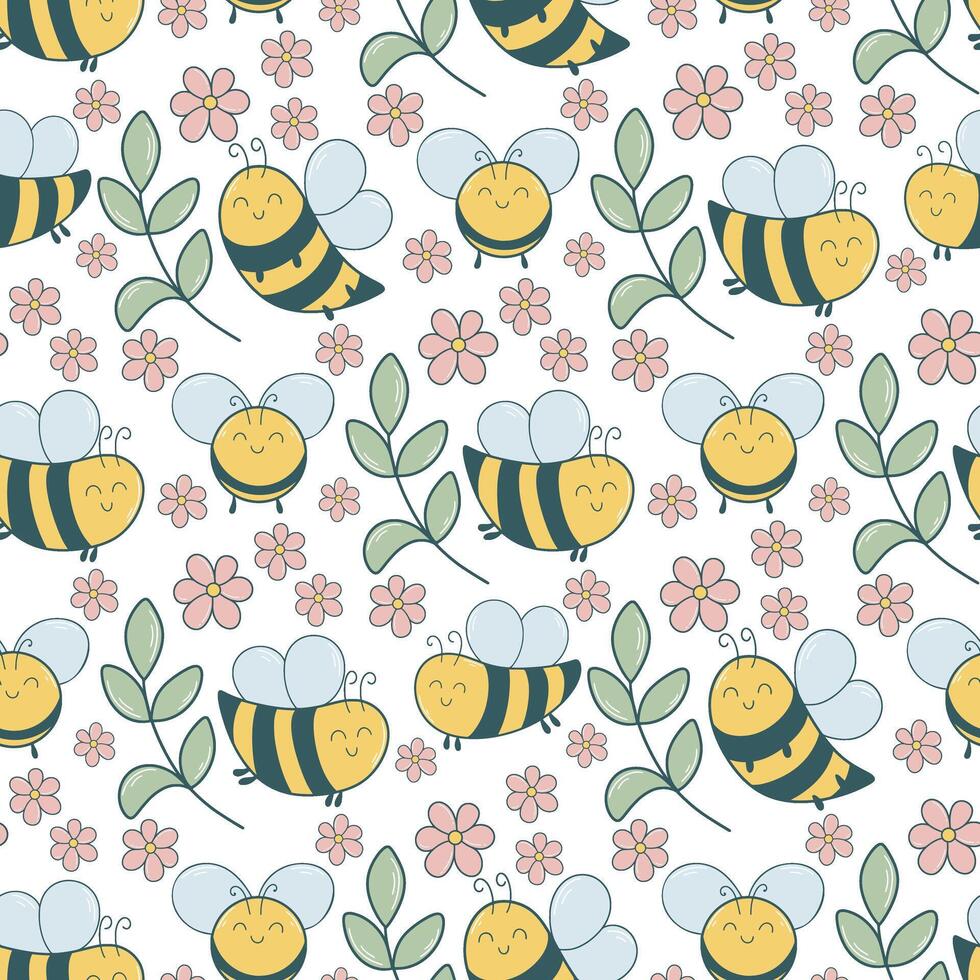 Bees and flowers spring summer seamless pattern vector