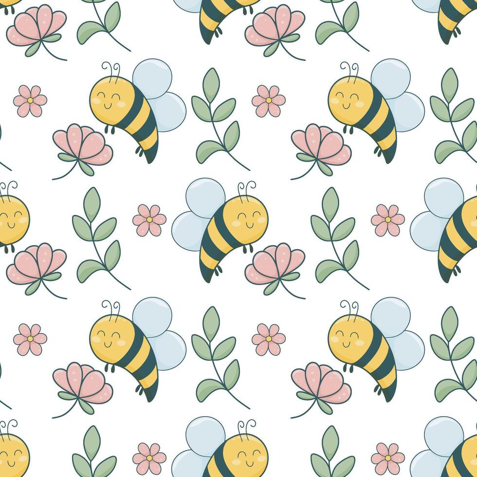 Floral summer seamless pattern with bees vector