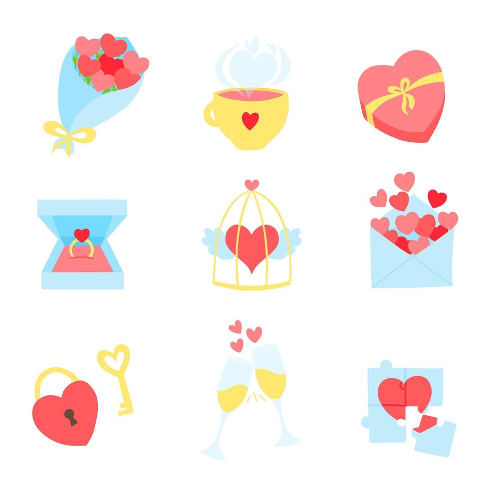 conjunto de linda vector ilustración para S t san valentin día. flores ramo, taza con corazón, corazón forma caja de bombones, compromiso anillo, volador corazones en dorado jaula, amor sobre, carta. febrero 14