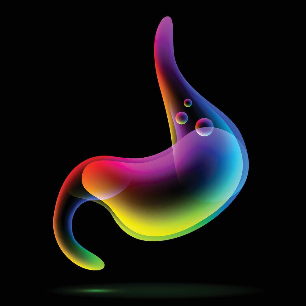 Illustration of a human stomach with multiple colors overlapping to form the shape of a stomach with digestive juices floating on a black background. vector