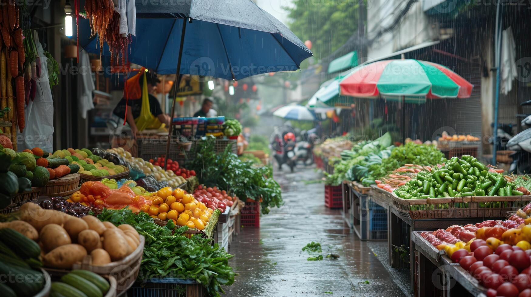 ai generado generativo ai, tradicional oriental asiático mercado con frutas y vegetales debajo el lluvia con paraguas foto